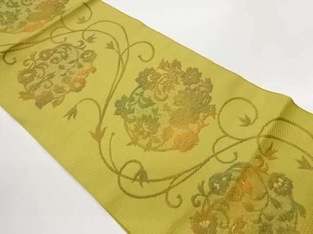 JAPANESE KIMONO / CHIKUZEN HAKATA FLORAL ARABESQUE PATTERN WOVEN NAGOY